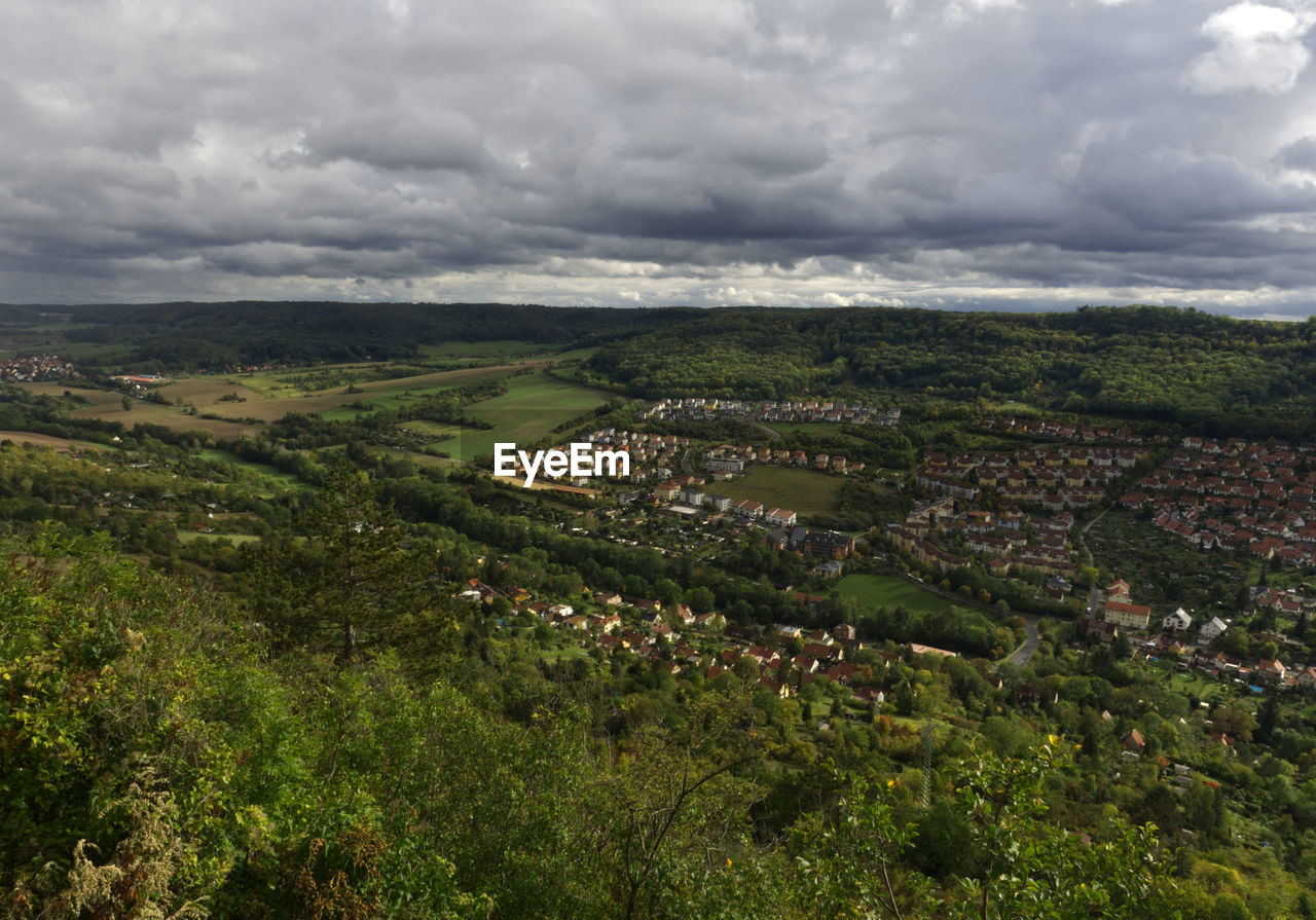 High angle view of agricultural landscape against sky