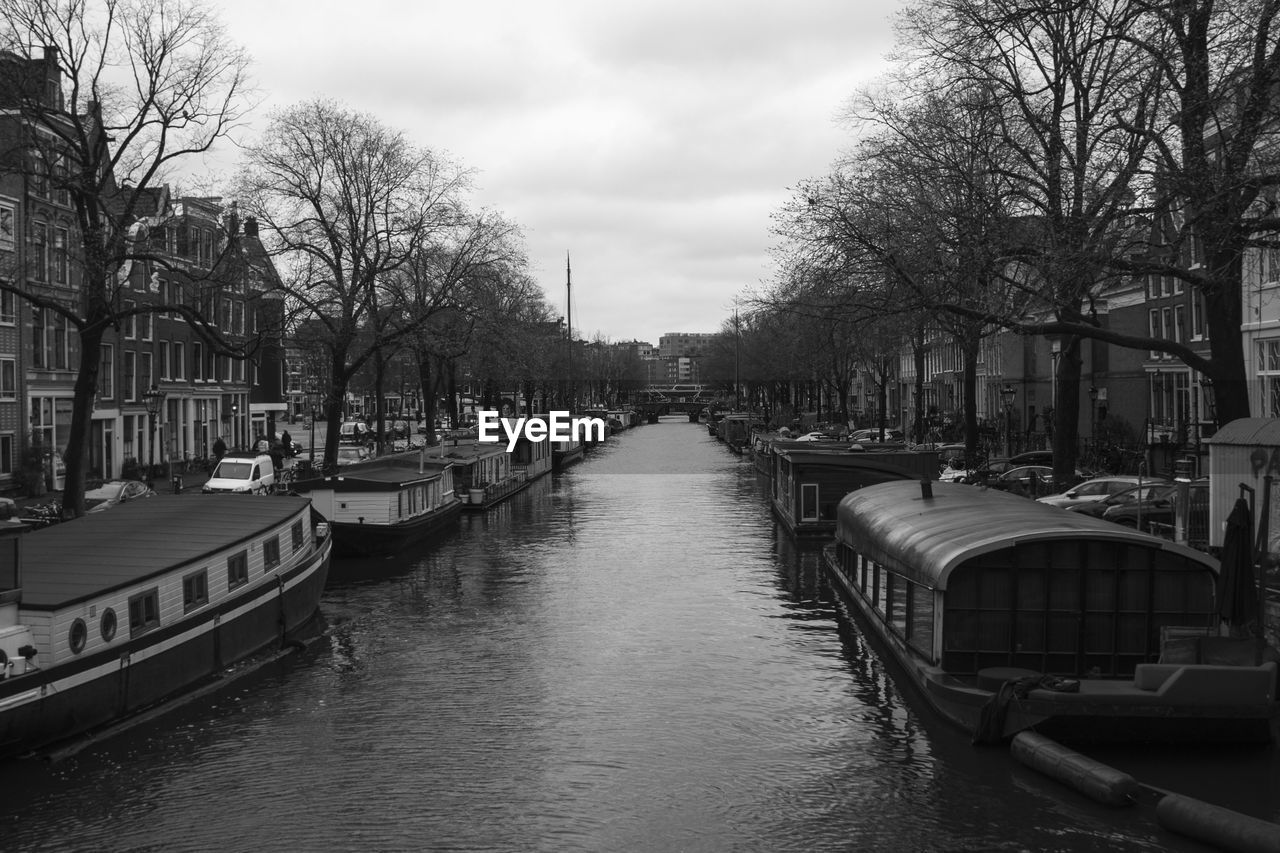 canal, waterway, tree, architecture, water, built structure, transportation, black and white, building exterior, bare tree, mode of transportation, sky, nature, city, nautical vessel, monochrome, plant, cloud, body of water, monochrome photography, vehicle, bridge, channel, no people, travel destinations, day, outdoors, boat, building, cityscape, travel, reflection, moored, tourism, street, waterfront