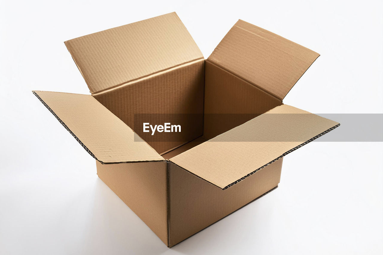 box, container, cardboard, paper, white background, cardboard box, cut out, no people, indoors, studio shot, brown, carton, high angle view