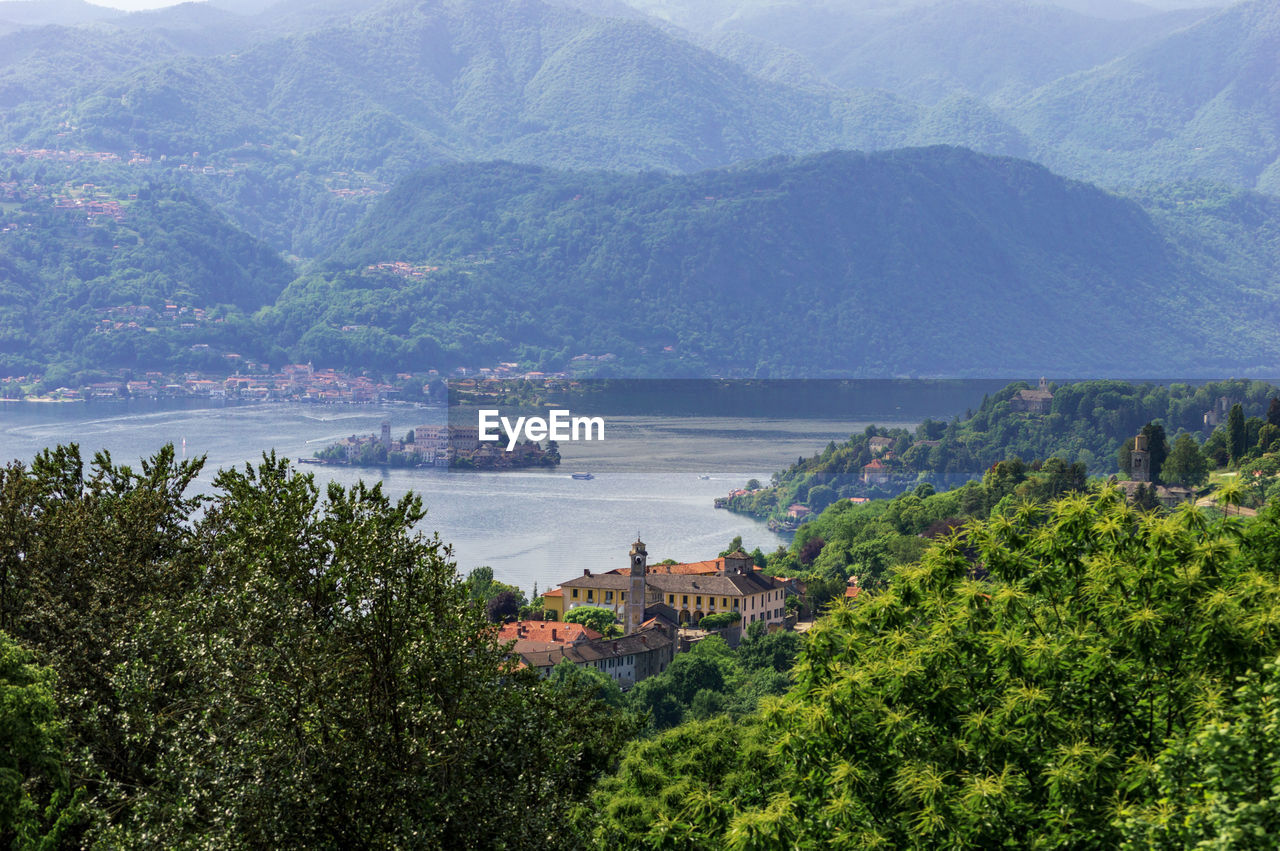 Landscape view of orta lake, in the picture the island san giulio