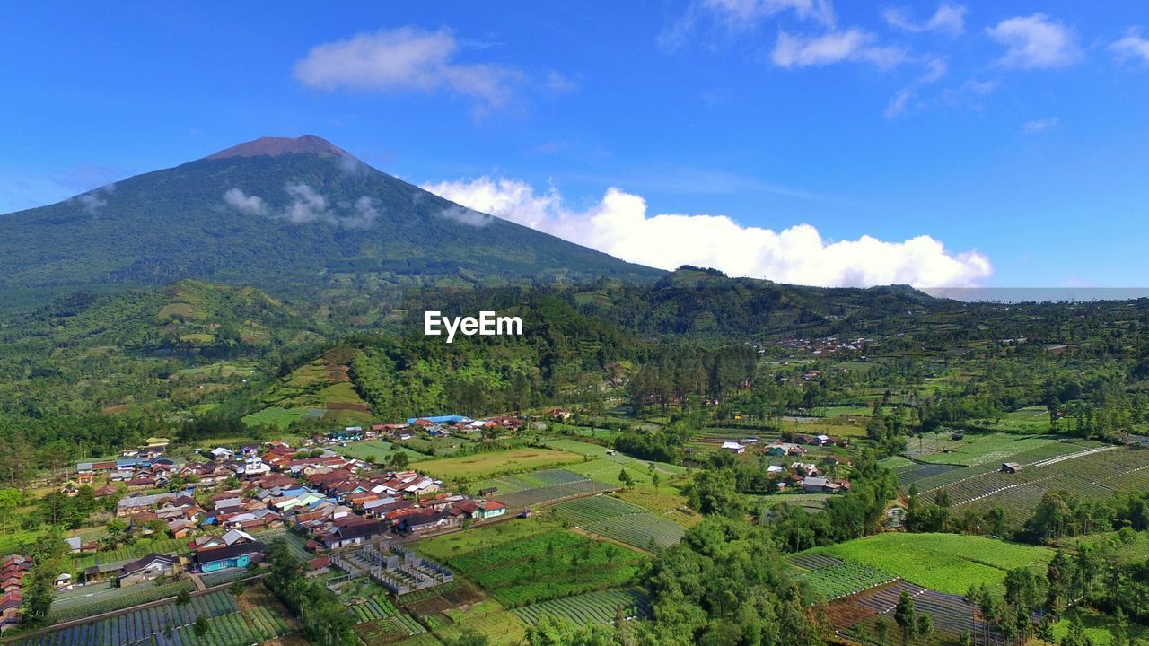 High angle view of agricultural field and houses against sky