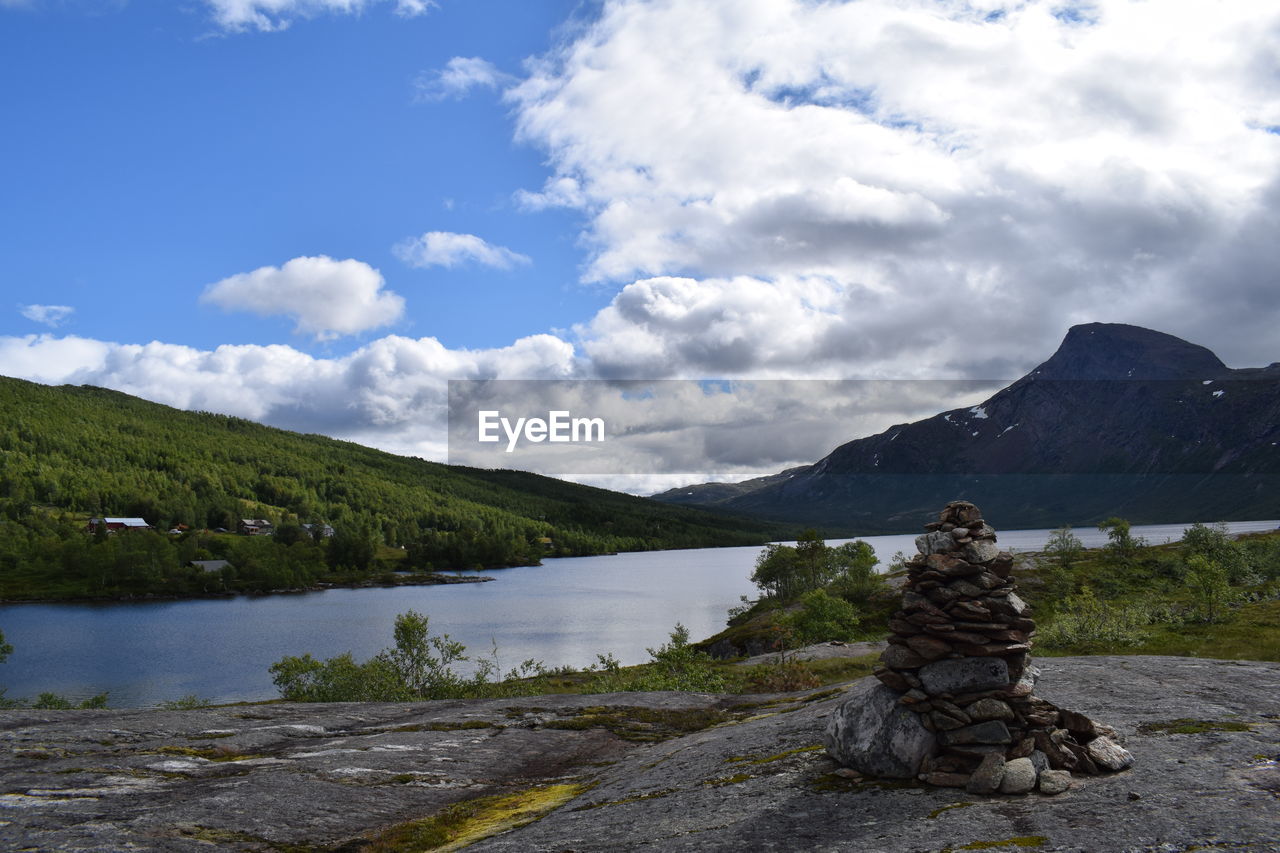 Scenic view of lake and mountains against sky