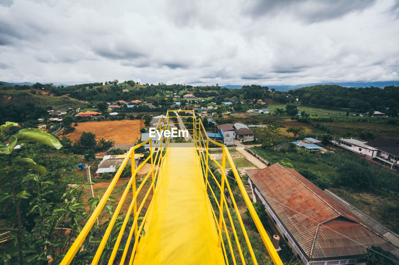 High angle view of railing against landscape