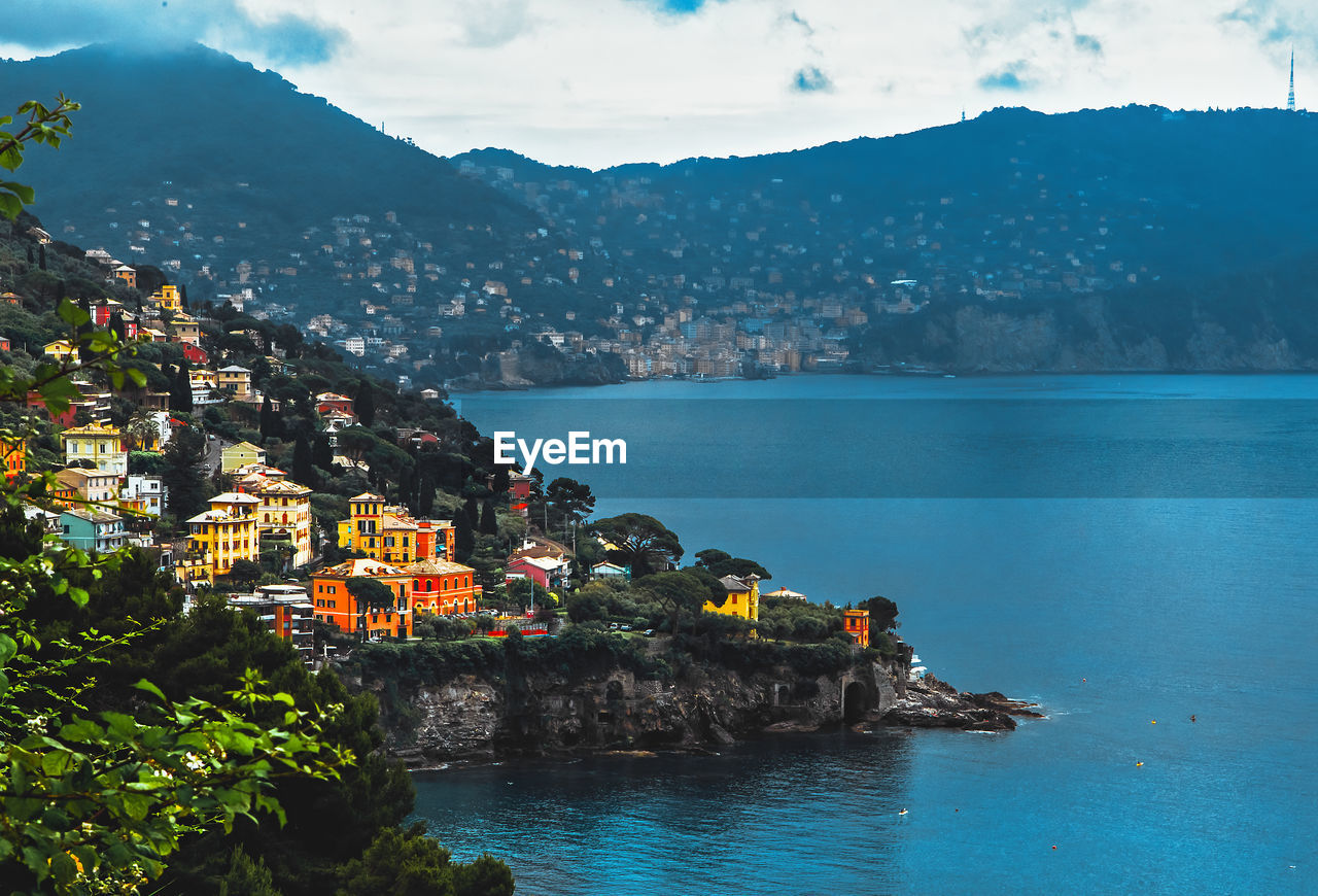 Aerial panorama of sori hills and beach coast, genova, liguria, italy