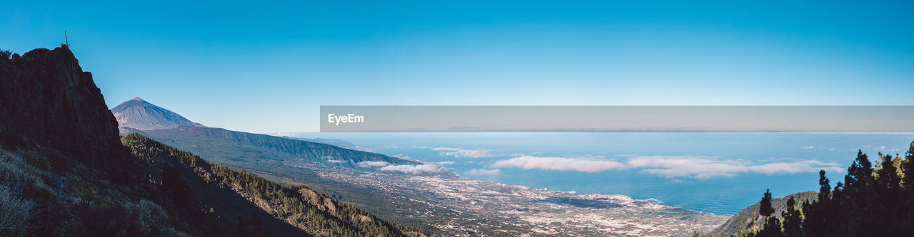 Panoramic view of sea and mountains against blue sky