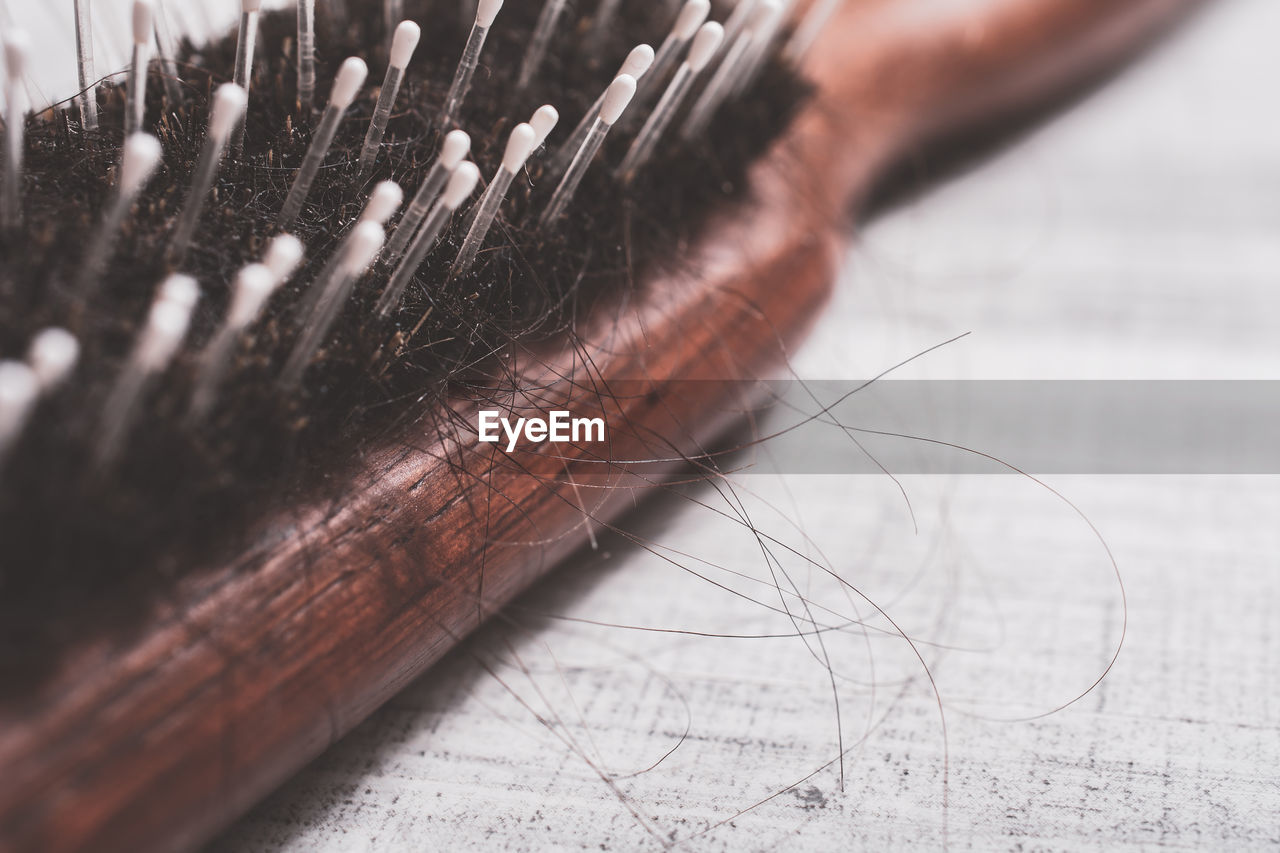 Close-up of hair in brush on table