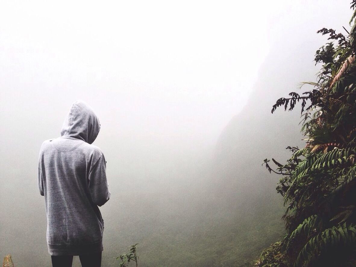 Rear view of person wearing hooded shirt against mountain in foggy weather