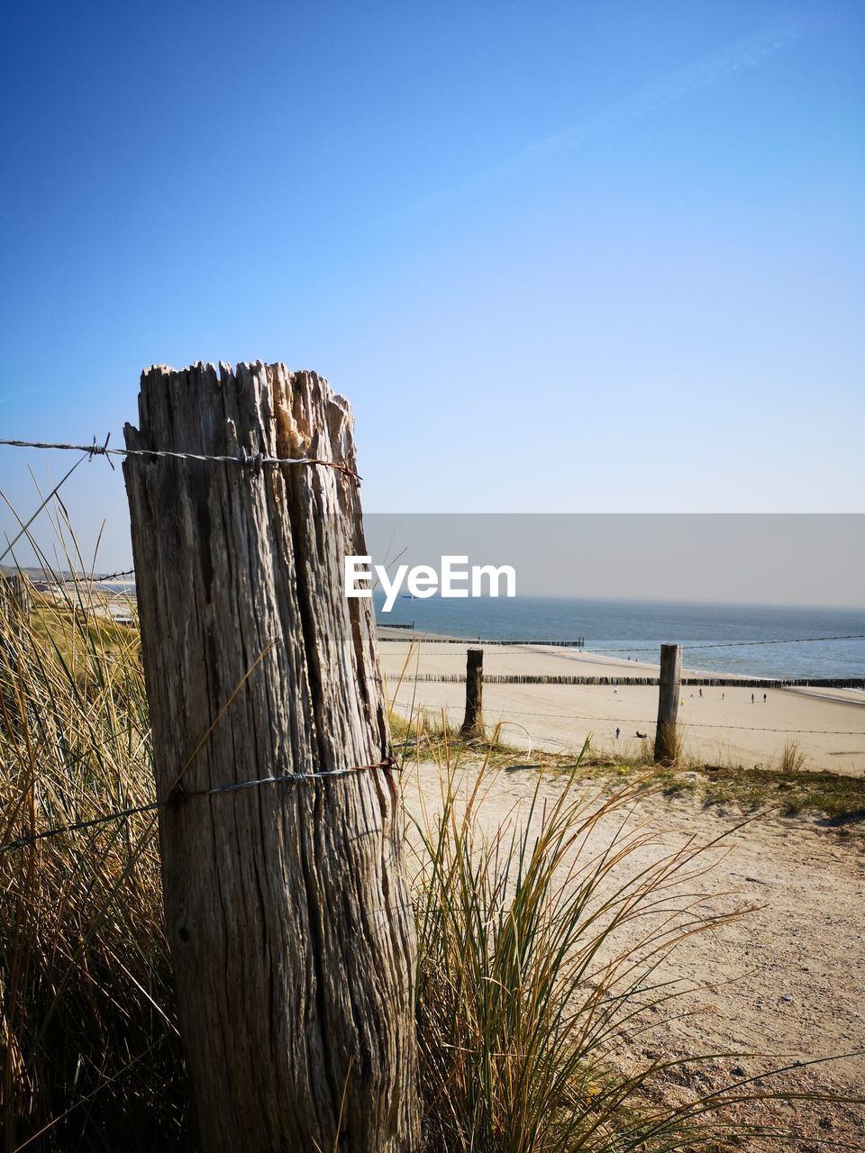 WOODEN POST ON BEACH AGAINST CLEAR SKY