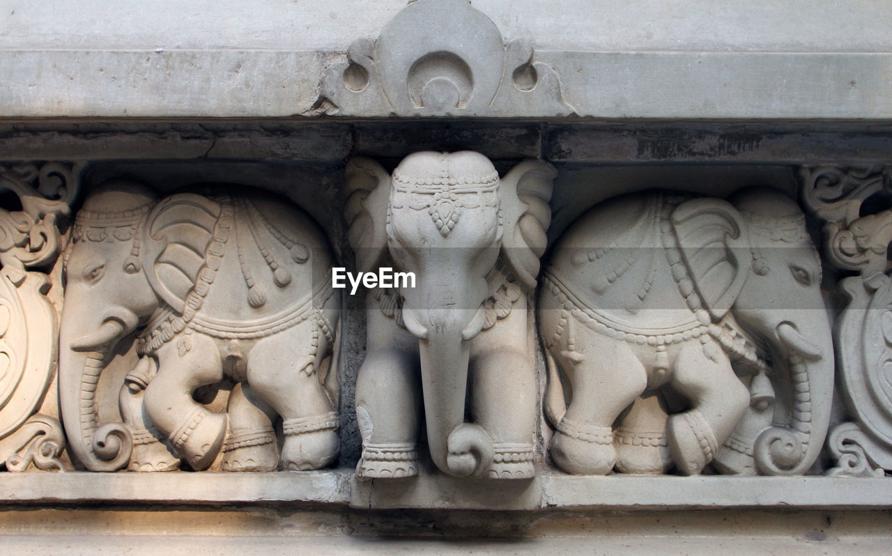 Close-up of carvings on wall at birla mandir