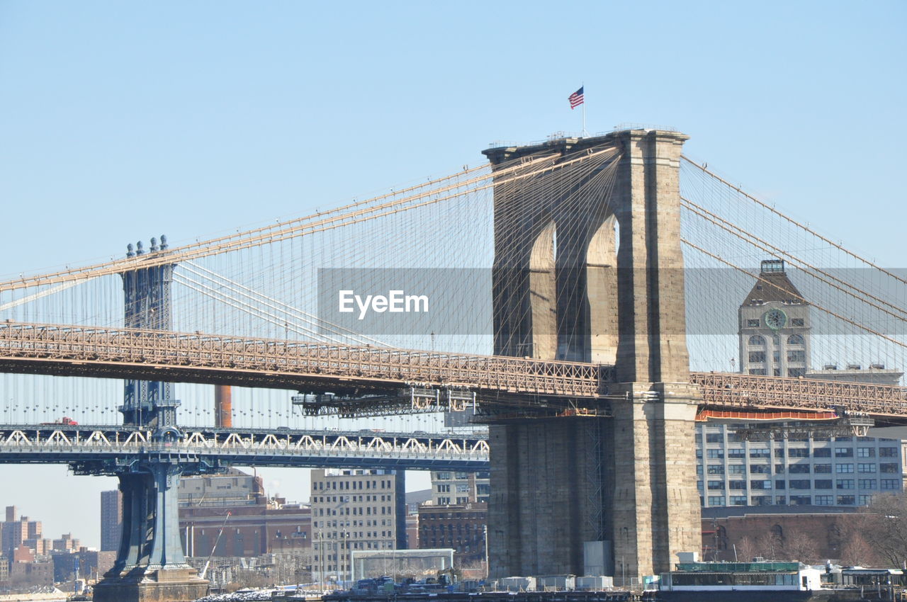 Low angle view of brooklyn bridge from new york city