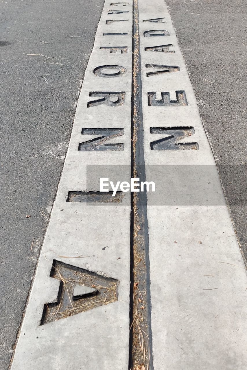 High angle view of text on road