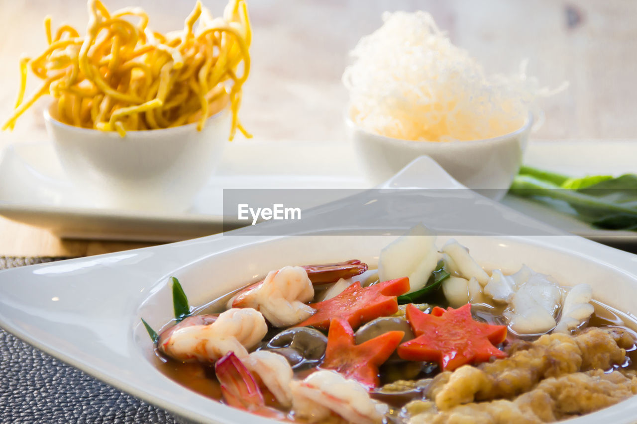 CLOSE-UP OF FOOD IN PLATE ON TABLE