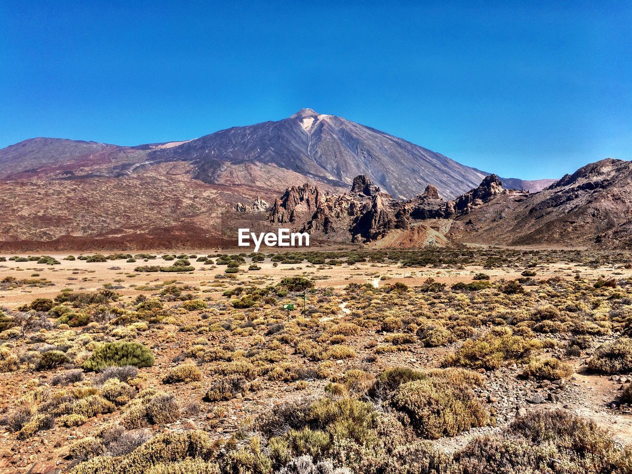 Scenic view of desert against clear blue sky