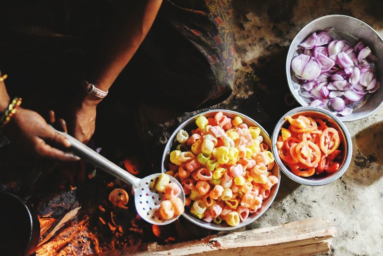 High angle view of man preparing food