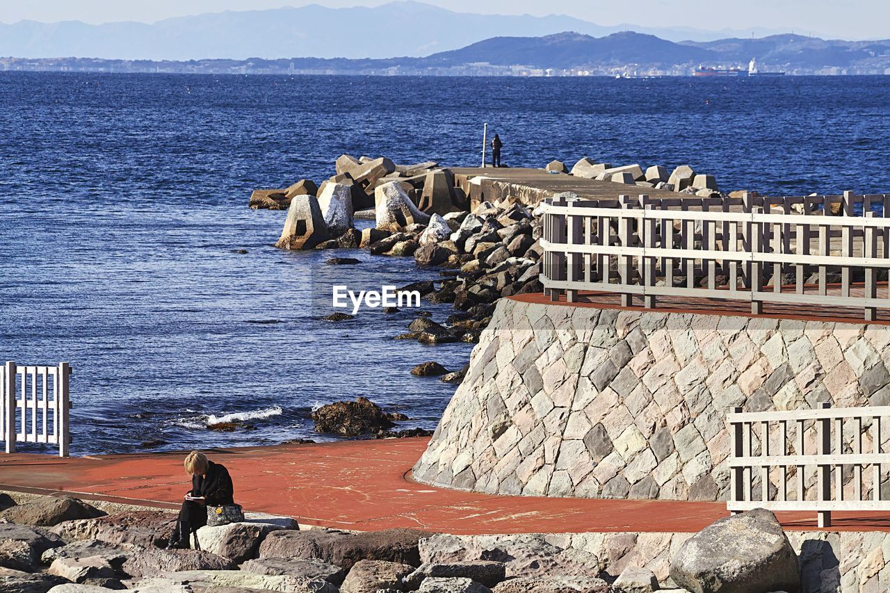 BIRDS PERCHING ON GROYNE AGAINST SEA