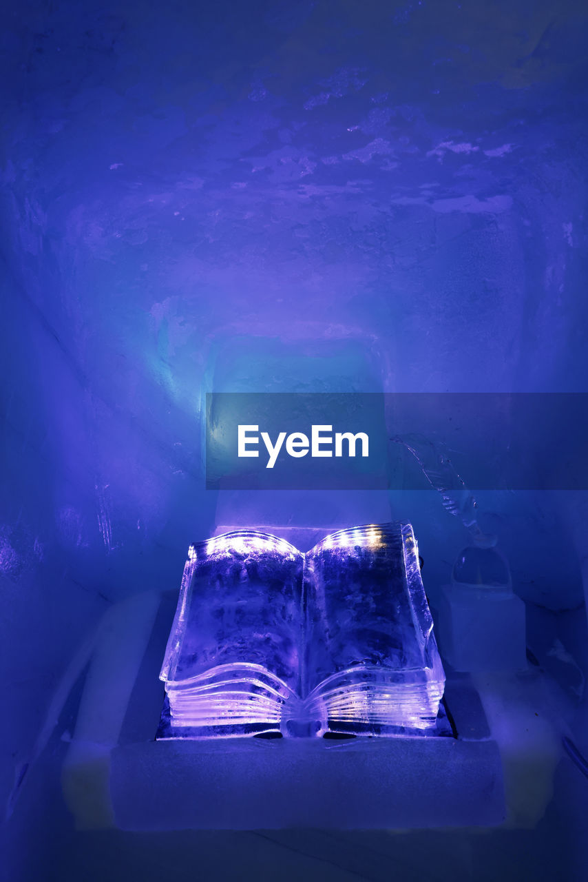 ice hotel, blue, light, ice, cold temperature, indoors, cave, frozen, lighting, no people, purple, ice cave, melting, nature