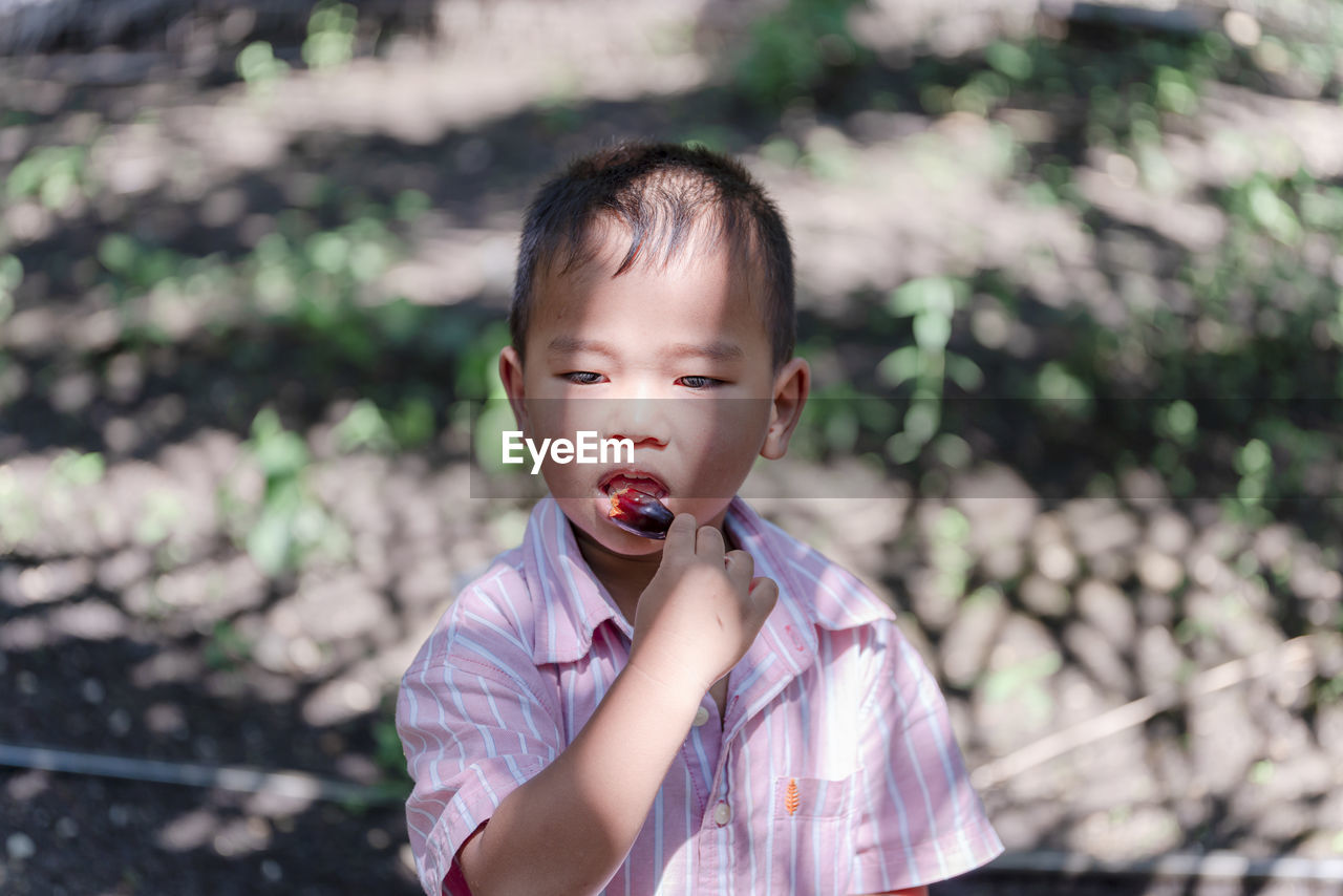 Cute boy eating fruit outdoors