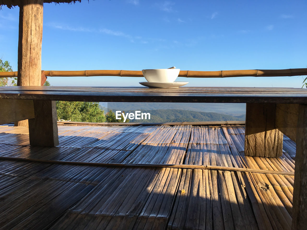 Wood paneled floor against blue sky