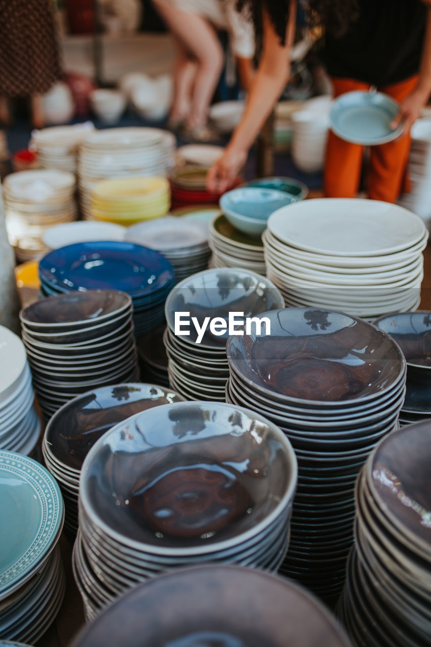 Full frame shot of pottery for sale at market stall