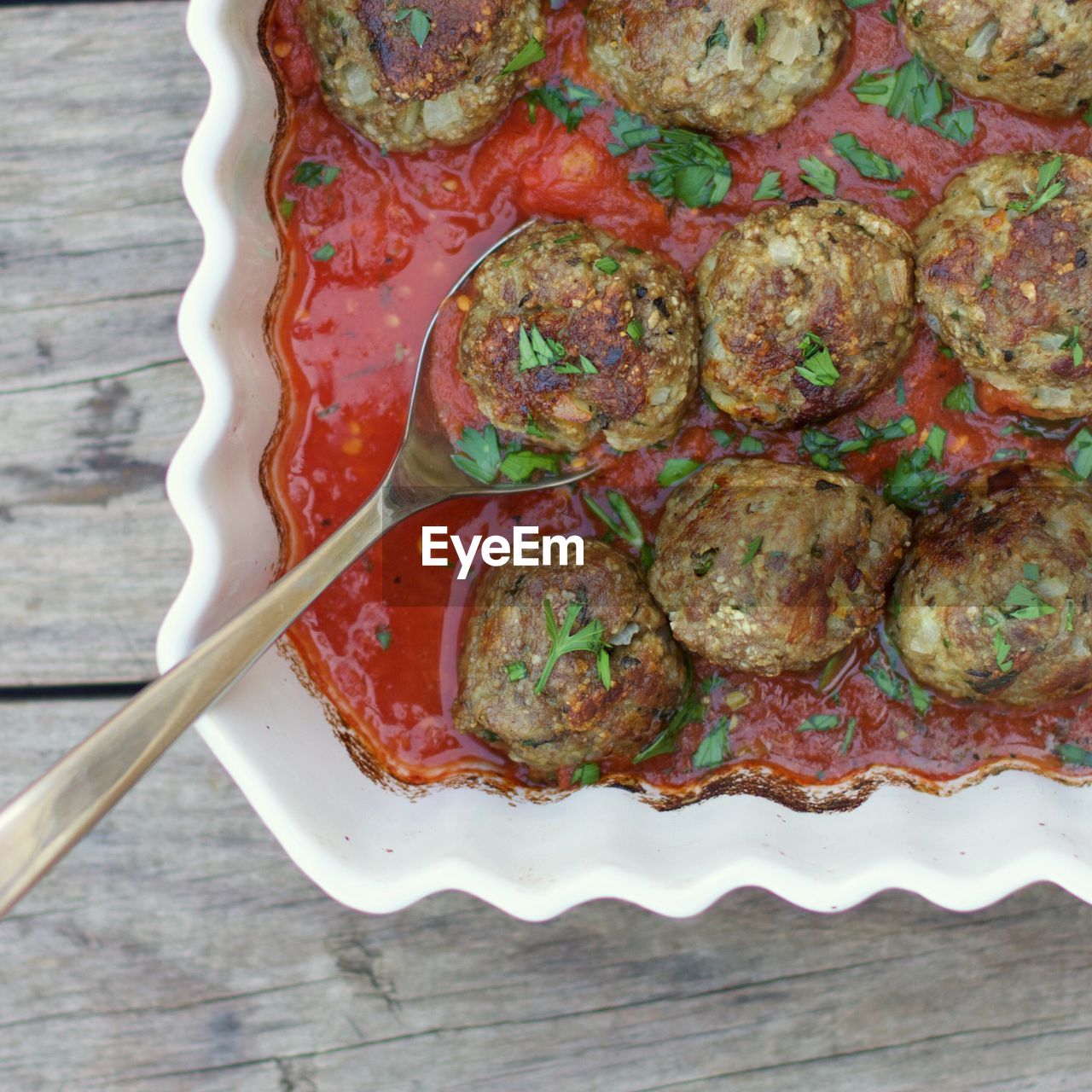 Close-up of meatballs in soup at table