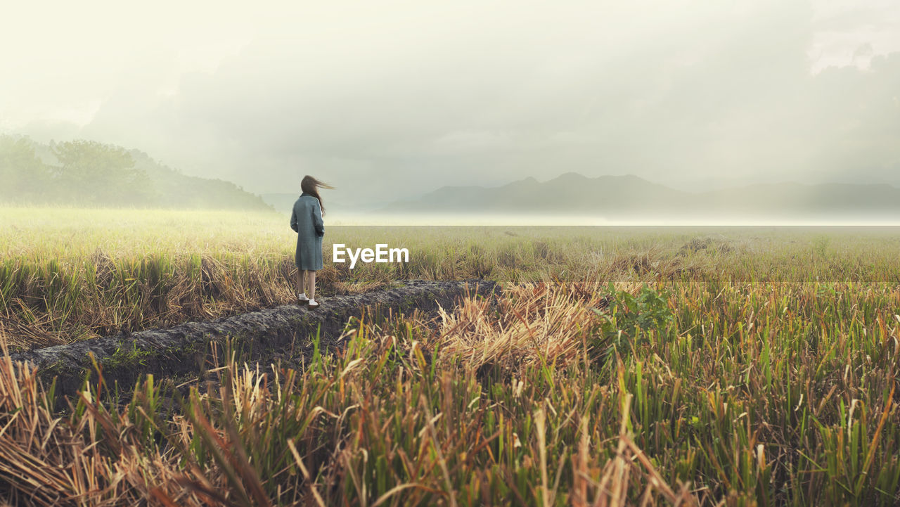 Rear view of woman standing on field