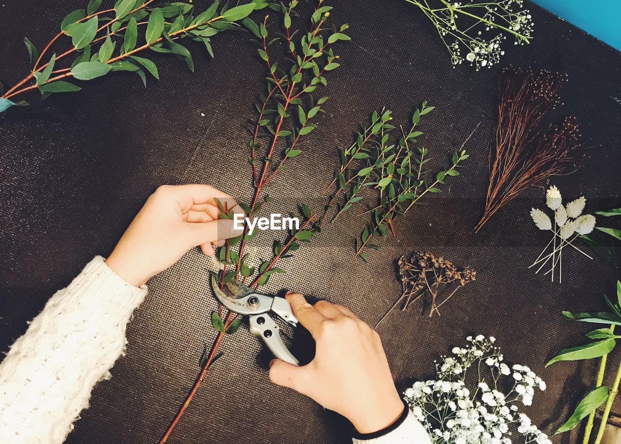 Cropped hands cutting pruning shears on table