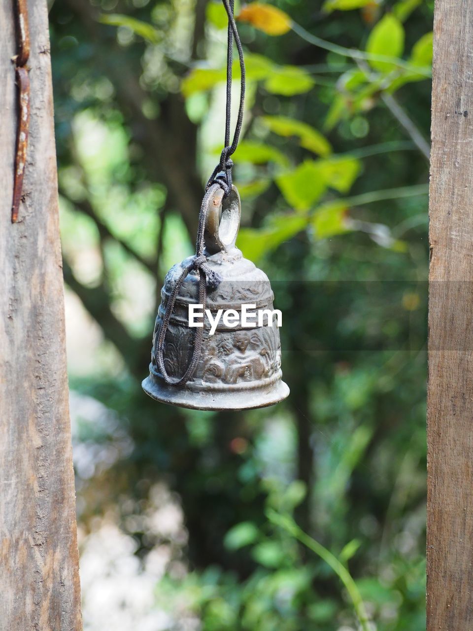 Close-up of an antique silver door bell hanging tropical green background