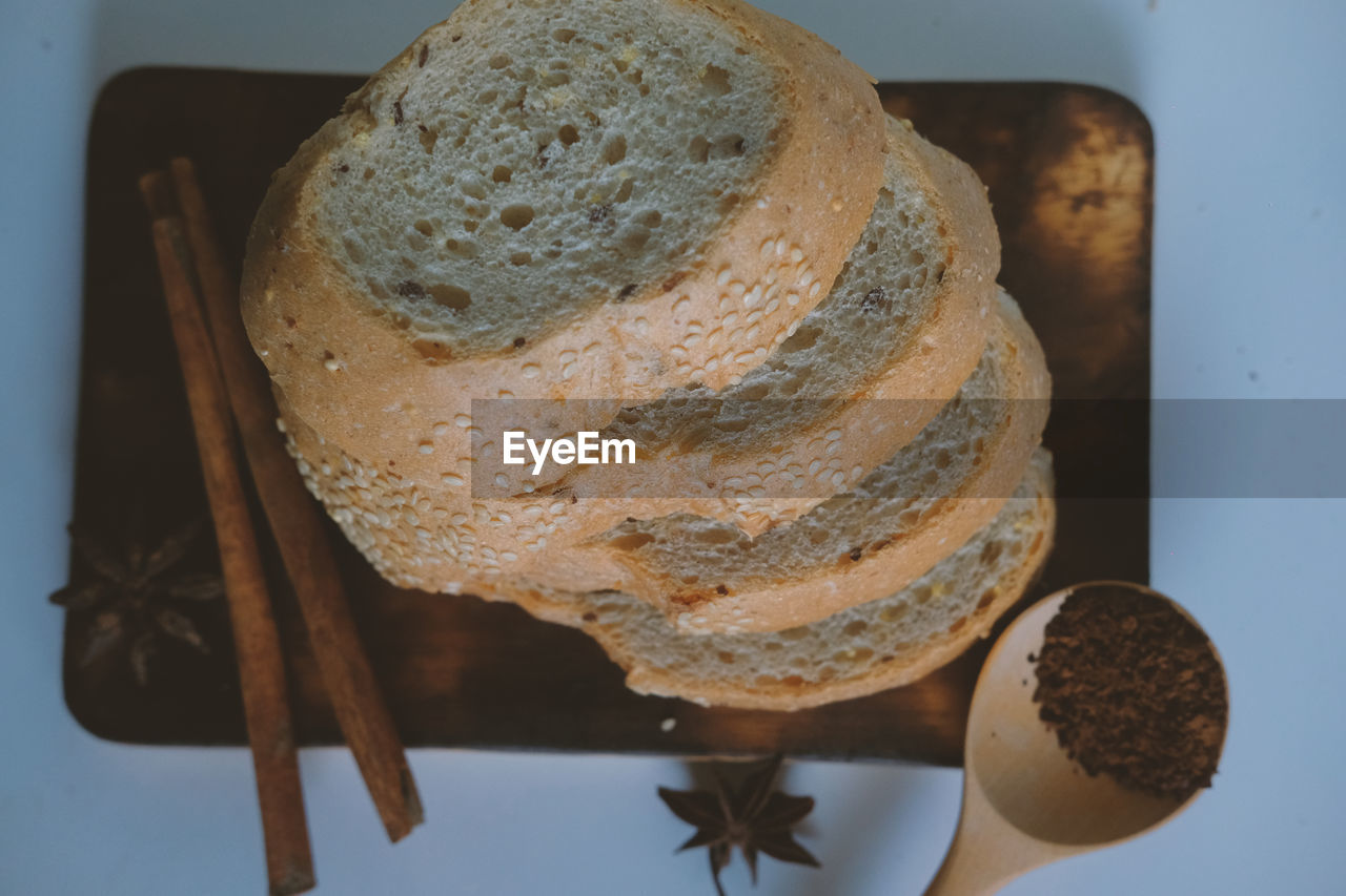 High angle view of bread in plate on table