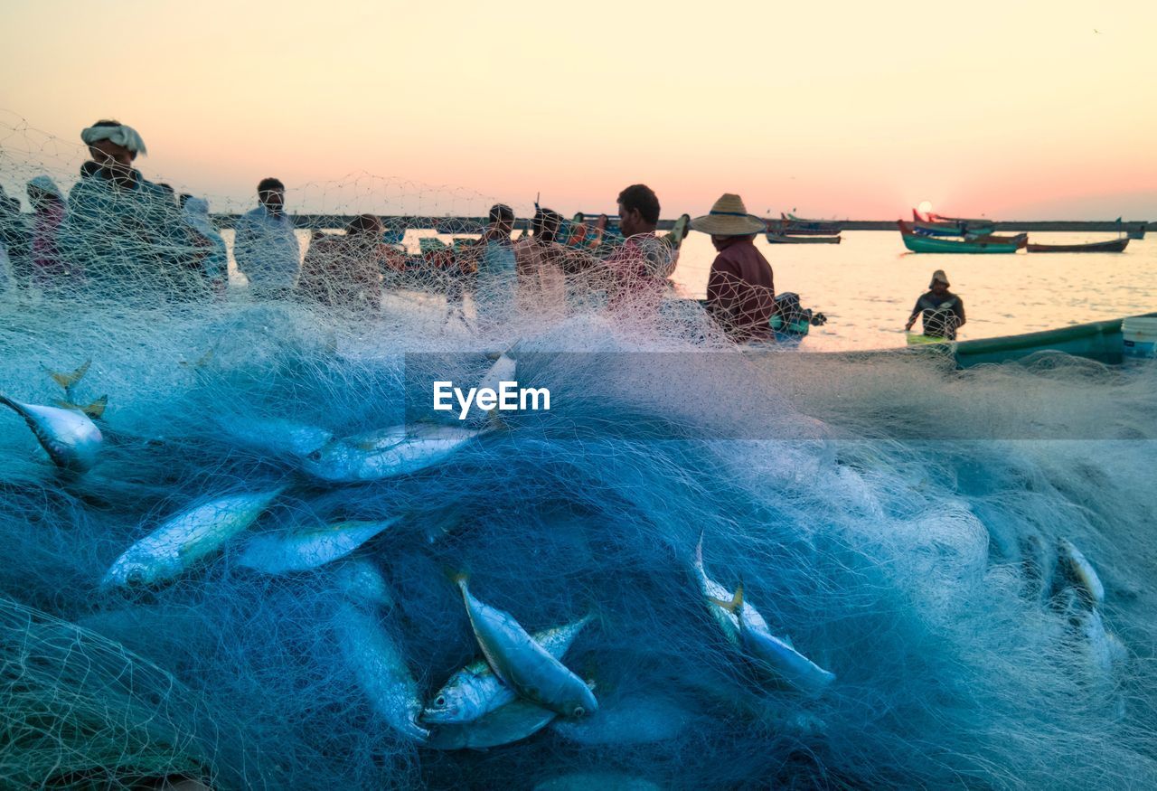 PEOPLE ENJOYING IN SEA AGAINST CLEAR SKY