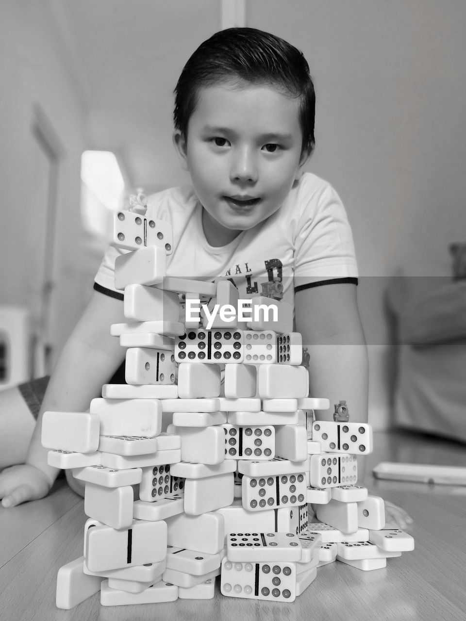 Portrait of boy with domino at home