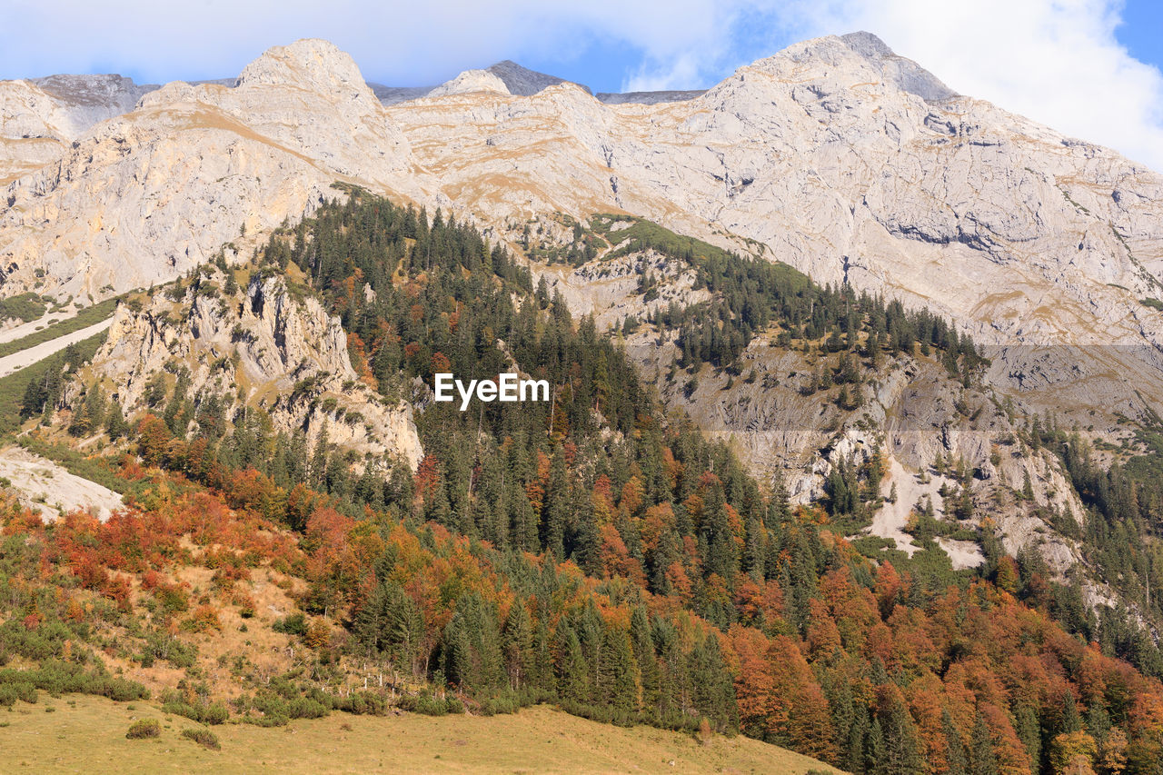 Scenic view of mountains against sky during autumn