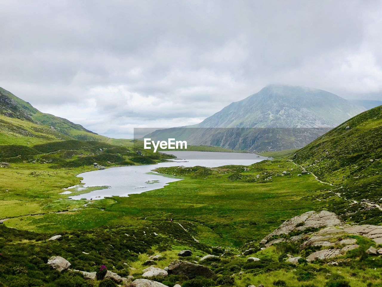 Scenic view of lake and mountains against sky