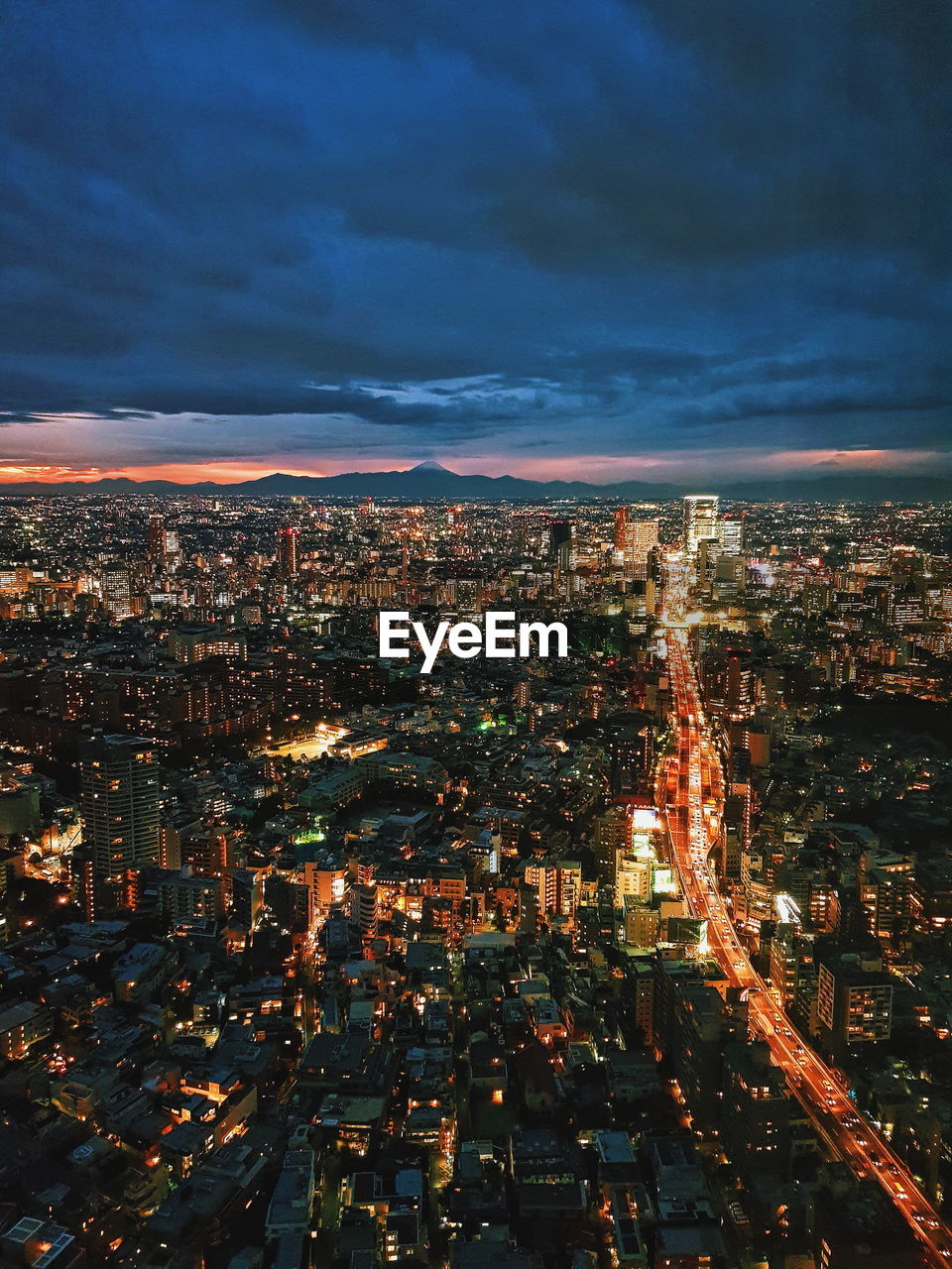 High angle view of night time tokyo city streets