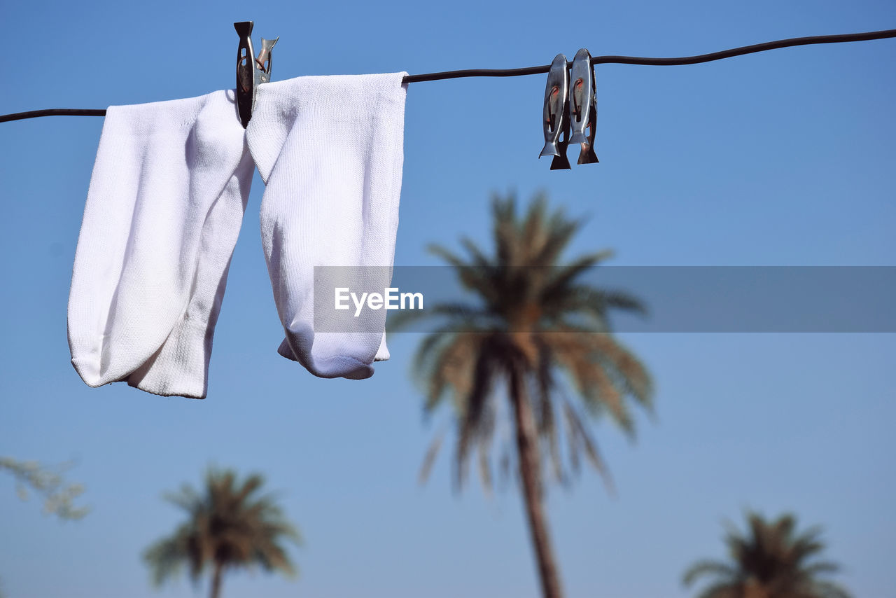 White socks hung on wire, blue sky in the background