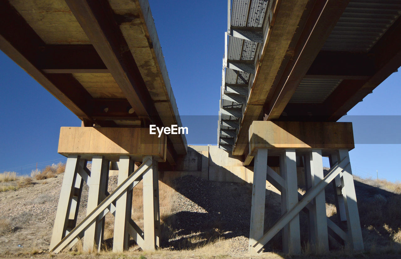 Train tracks overhead Outdoors Shadows West Of Shawnee Wyoming Tall Bridge Girder Clear Sky Bridge - Man Made Structure Built Structure Underneath Under Rail Transportation Train Track Railroad Bridge