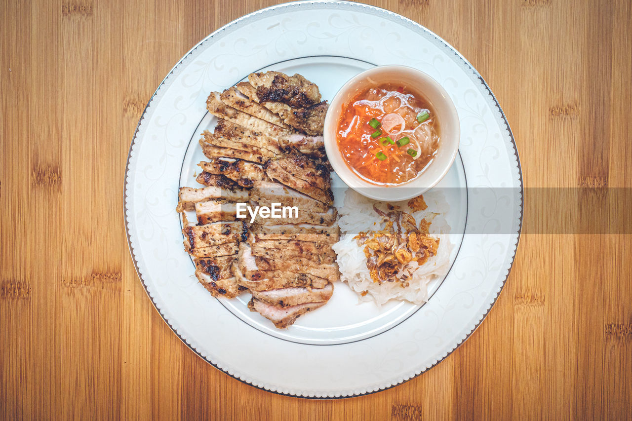 High angle view of food in plate on table