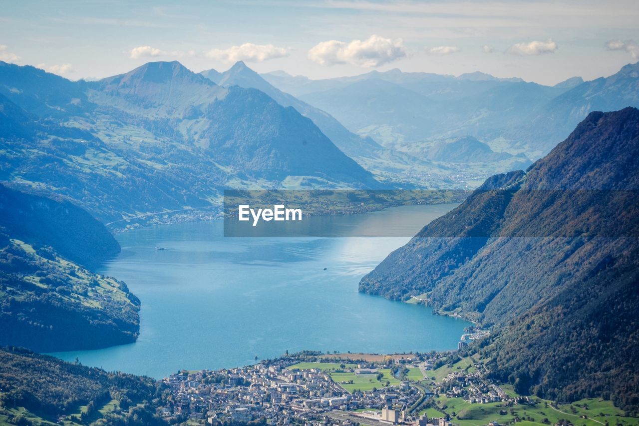 Scenic view of lake lucerne and mountains against sky