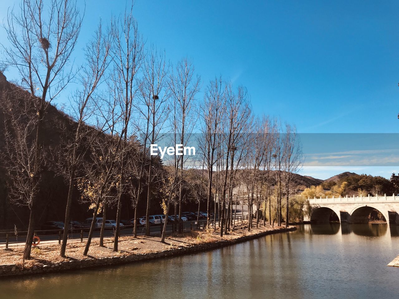 Arch bridge over river against sky