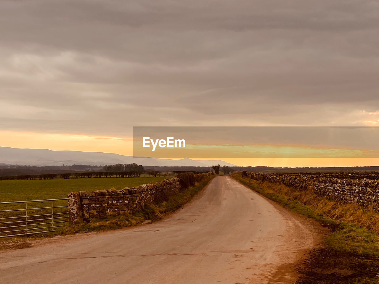 sky, cloud, landscape, road, horizon, environment, nature, morning, land, the way forward, transportation, scenics - nature, hill, field, beauty in nature, rural area, no people, tranquility, dirt road, rural scene, dramatic sky, tranquil scene, plant, dirt, non-urban scene, dawn, outdoors, prairie, grass, vanishing point, travel, diminishing perspective, sunlight, natural environment, agriculture, sunrise, sea, horizon over land, country road, soil, coast, plain, footpath, idyllic, fence