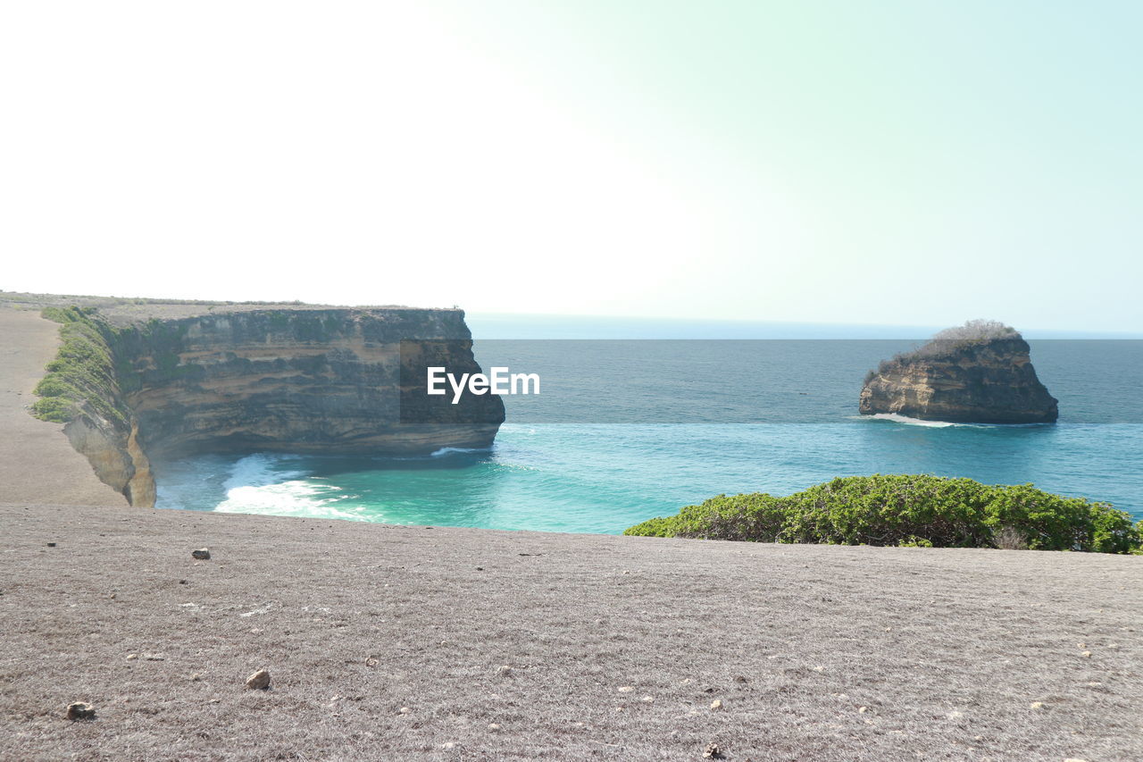 SCENIC VIEW OF ROCKY BEACH AGAINST CLEAR SKY