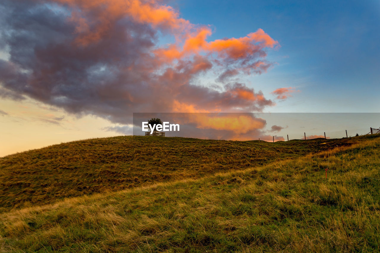 Scenic view of field against sky during sunset