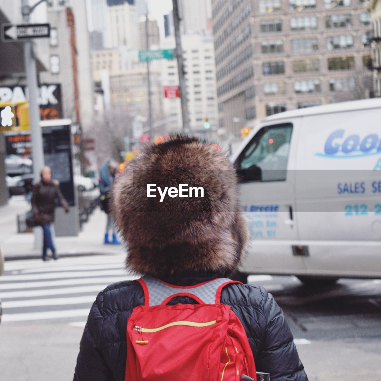 Rear view of person wearing furry hat on street