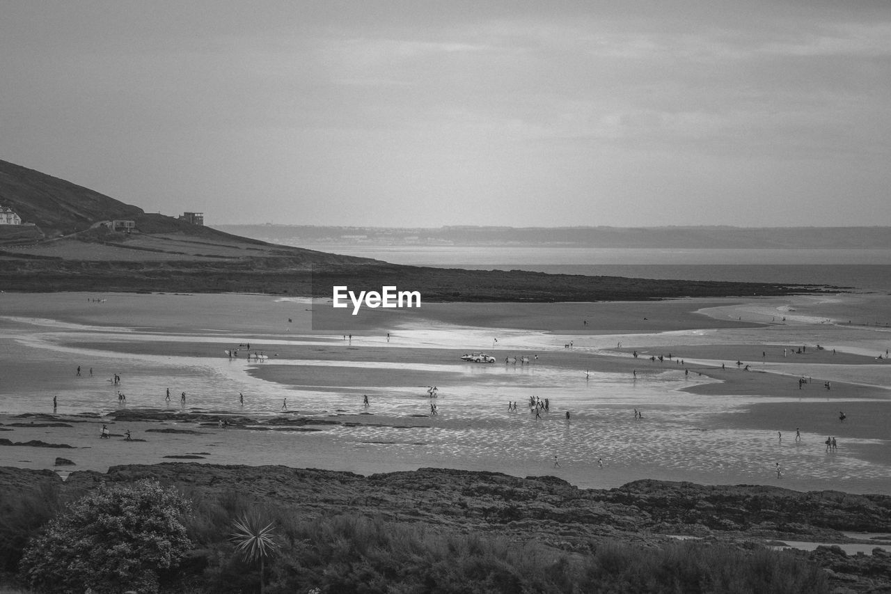 High angle view of sea shore against sky