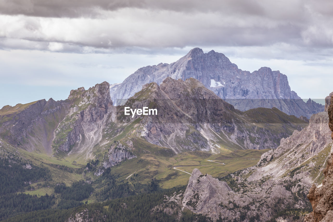 Scenic view of mountains against cloudy sky