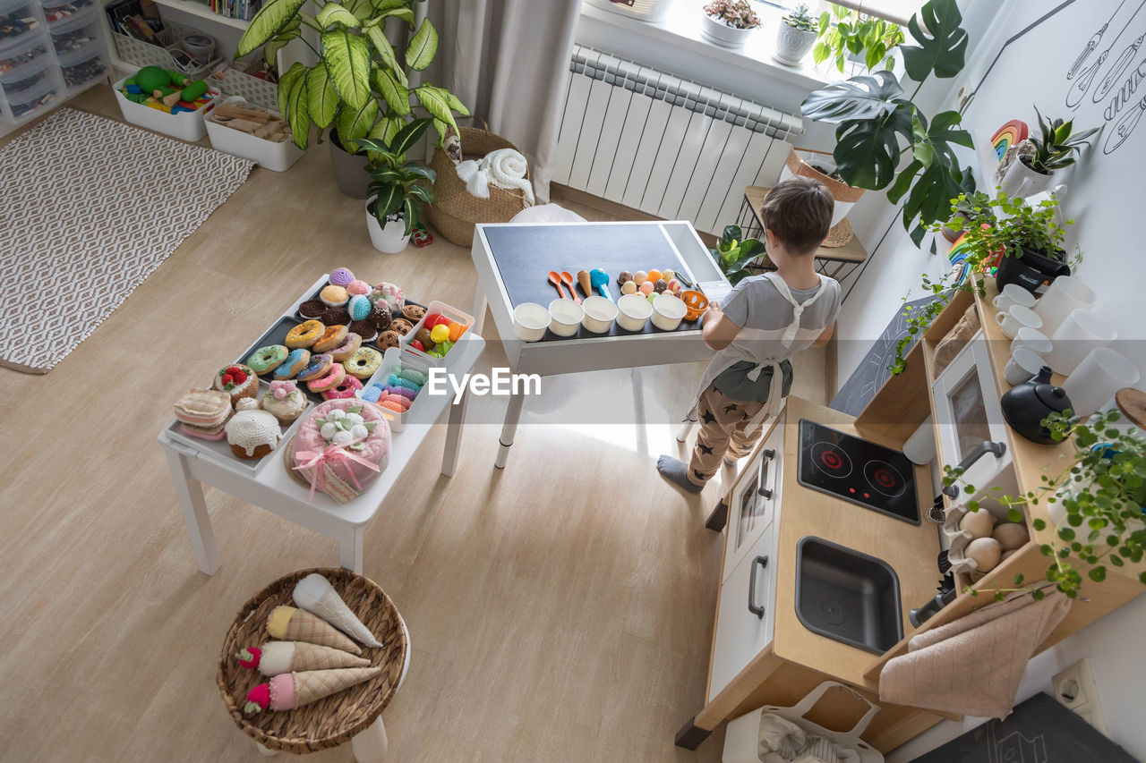 high angle view of christmas decorations on table