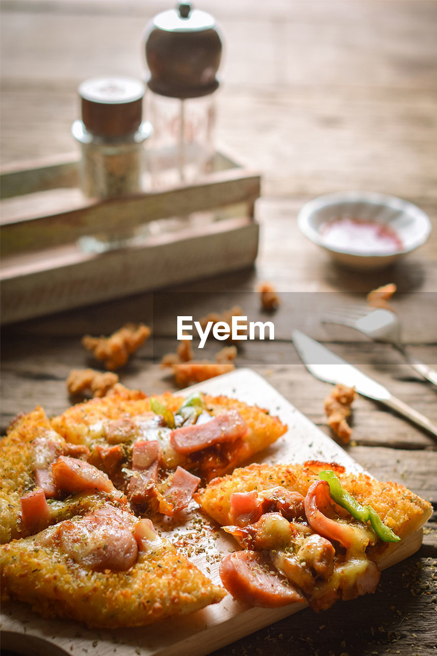 High angle view of food in plate on table