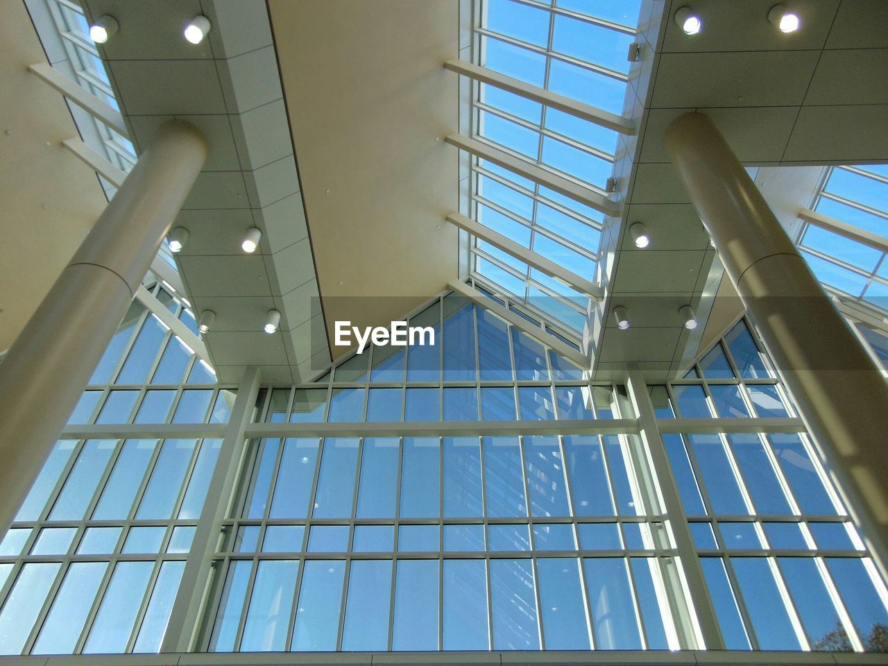 Illuminated ceiling of glass building