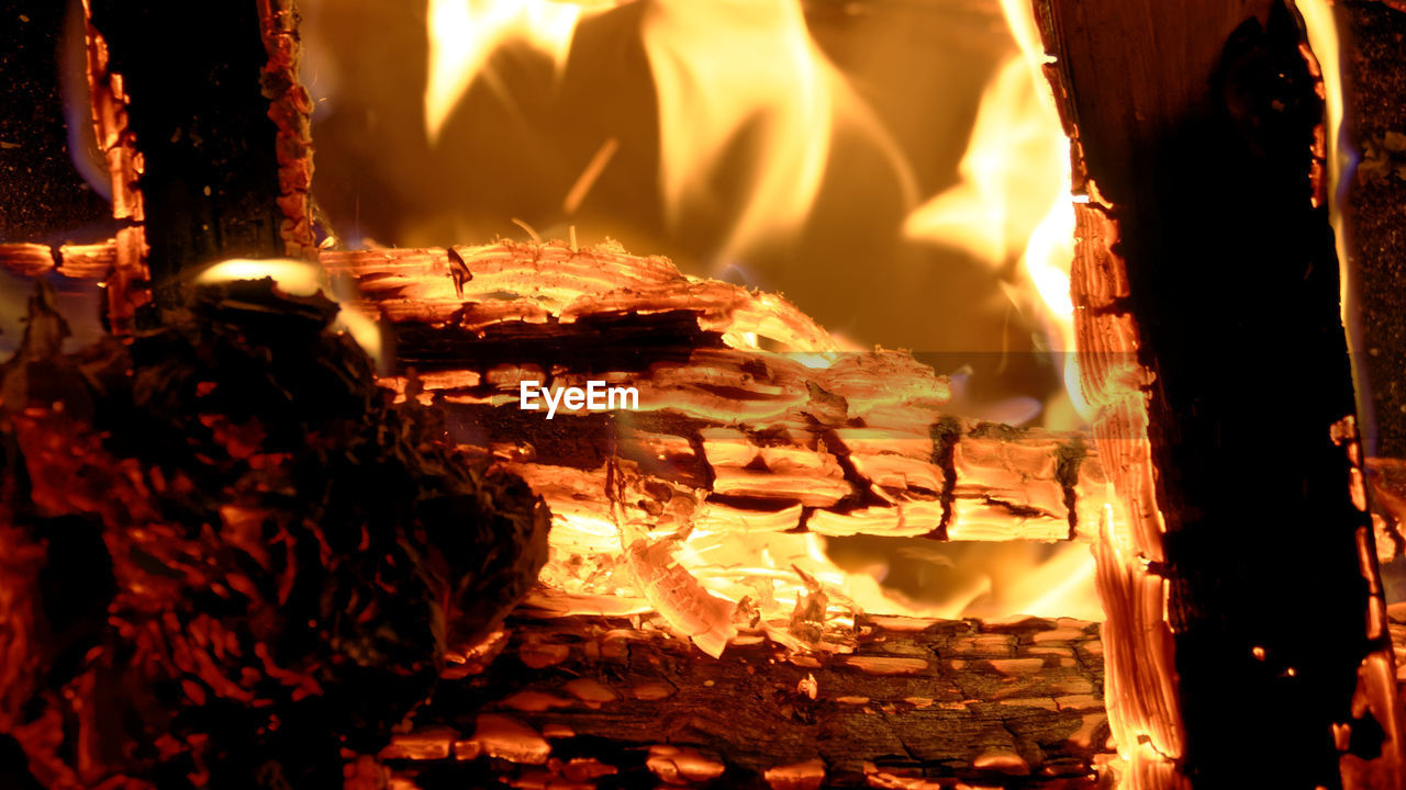 CLOSE-UP OF BONFIRE IN THE DARK