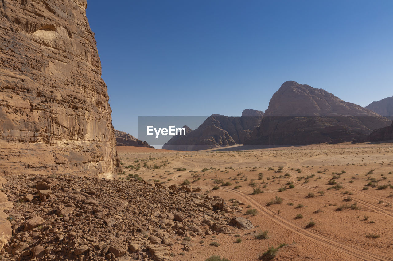 VIEW OF ARID LANDSCAPE AGAINST CLEAR SKY