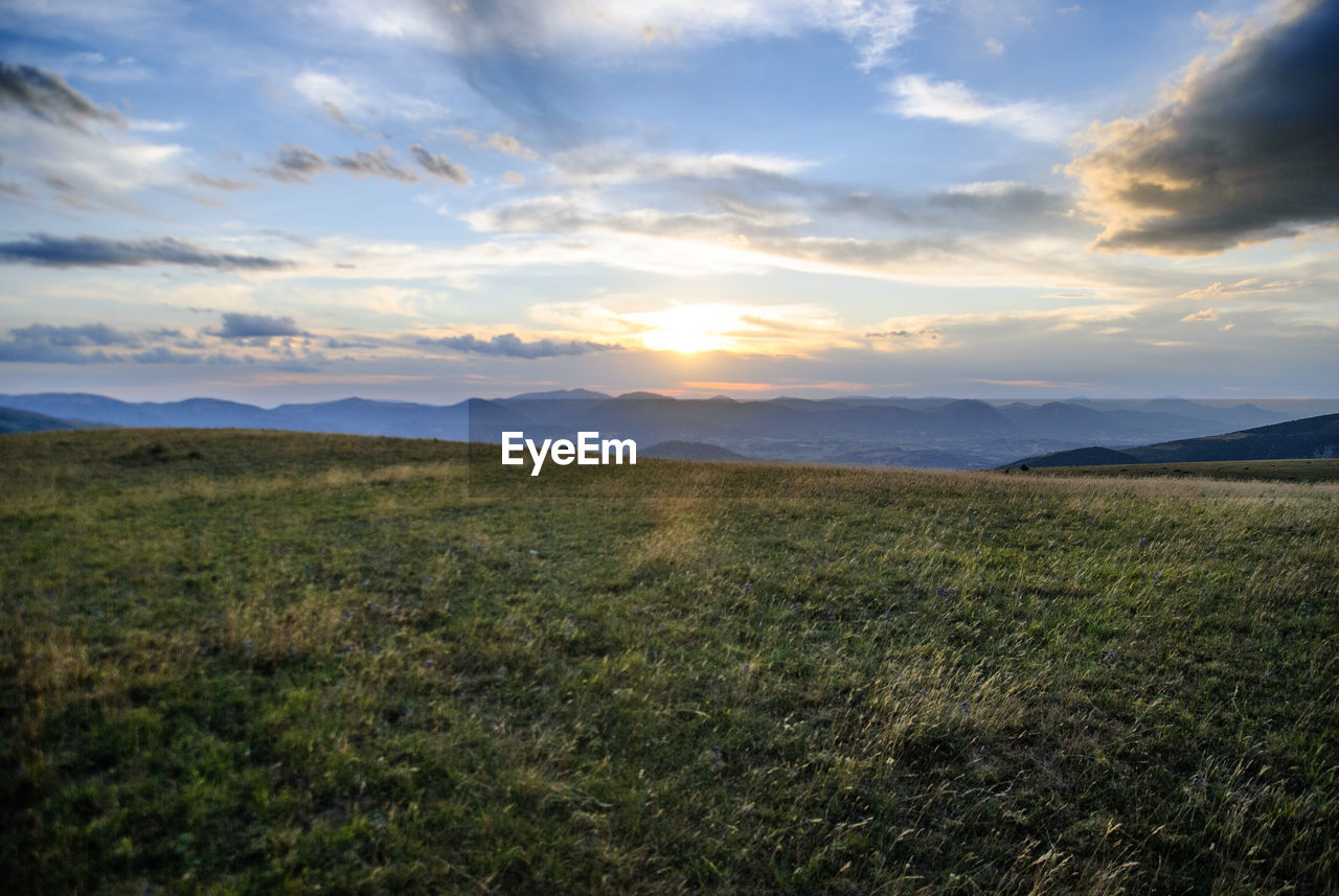 SCENIC VIEW OF FIELD AGAINST SKY AT SUNSET